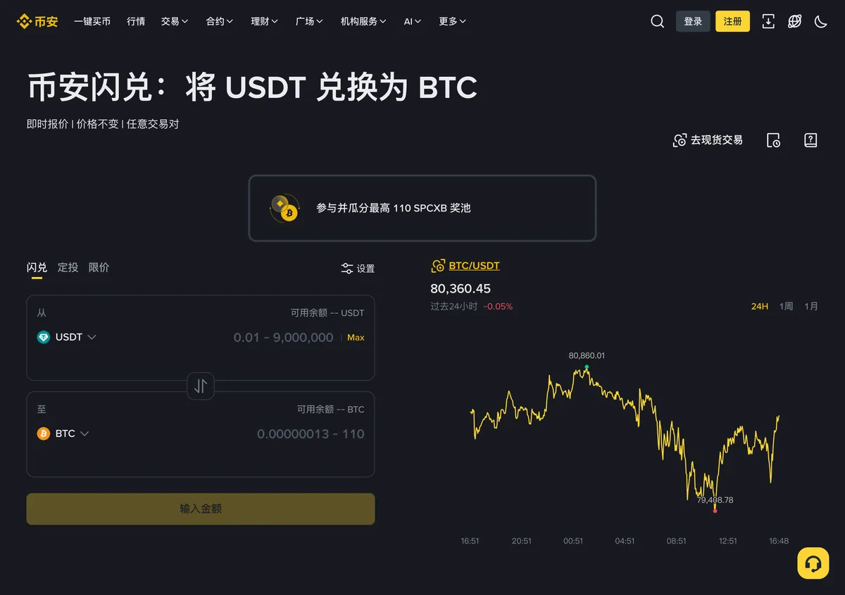 币安闪兑页面:输入金额即可兑换,成本包含在报价中