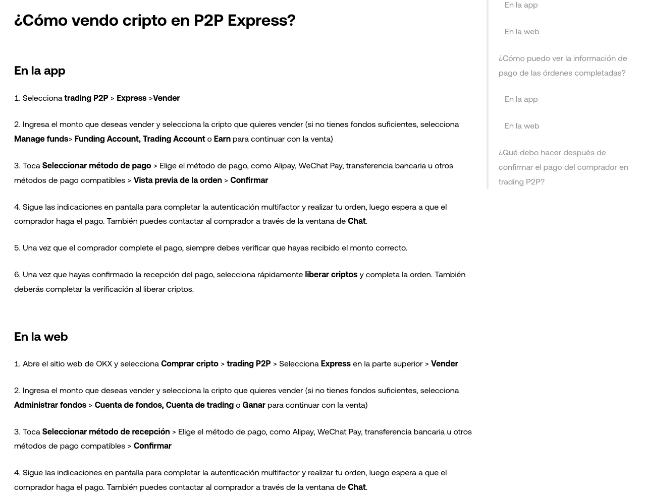 Captura real de la guía oficial de OKX sobre cómo vender cripto en el trading P2P, con los pasos en la app y en la web