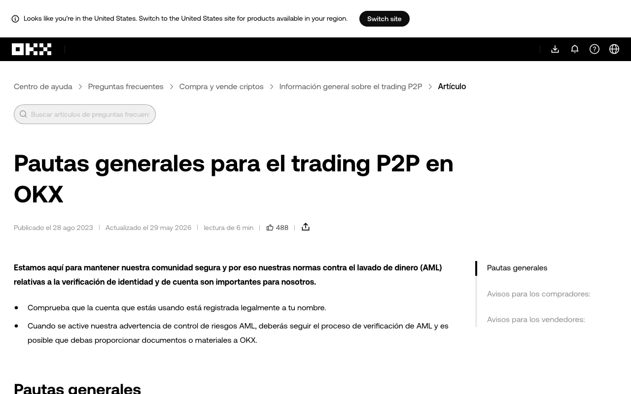 Captura real de las pautas oficiales de OKX para operar P2P y verificar titularidad y pagos
