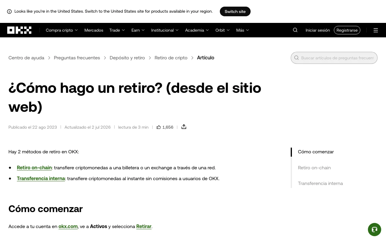Captura real de la guía oficial de OKX sobre retiros on-chain y transferencias internas